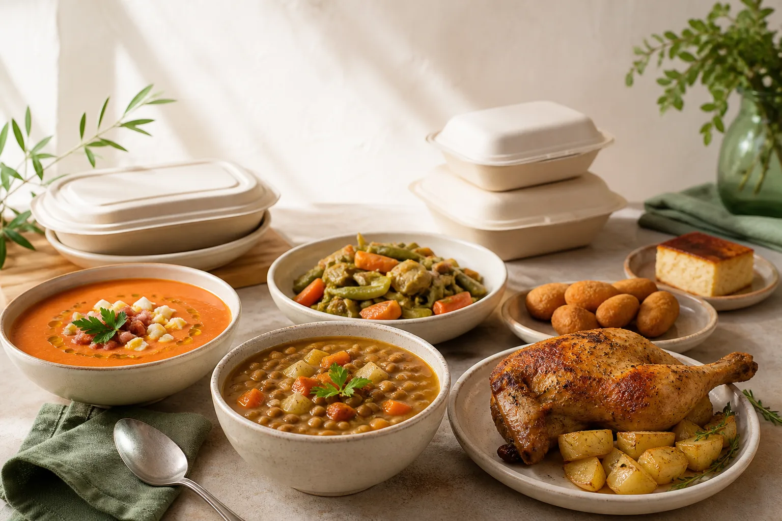 Selección de platos caseros con salmorejo, guiso, pollo, verduras y postre