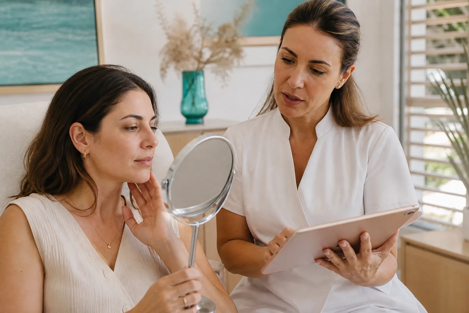 Profesional explicando una valoración facial a una mujer adulta frente a un espejo