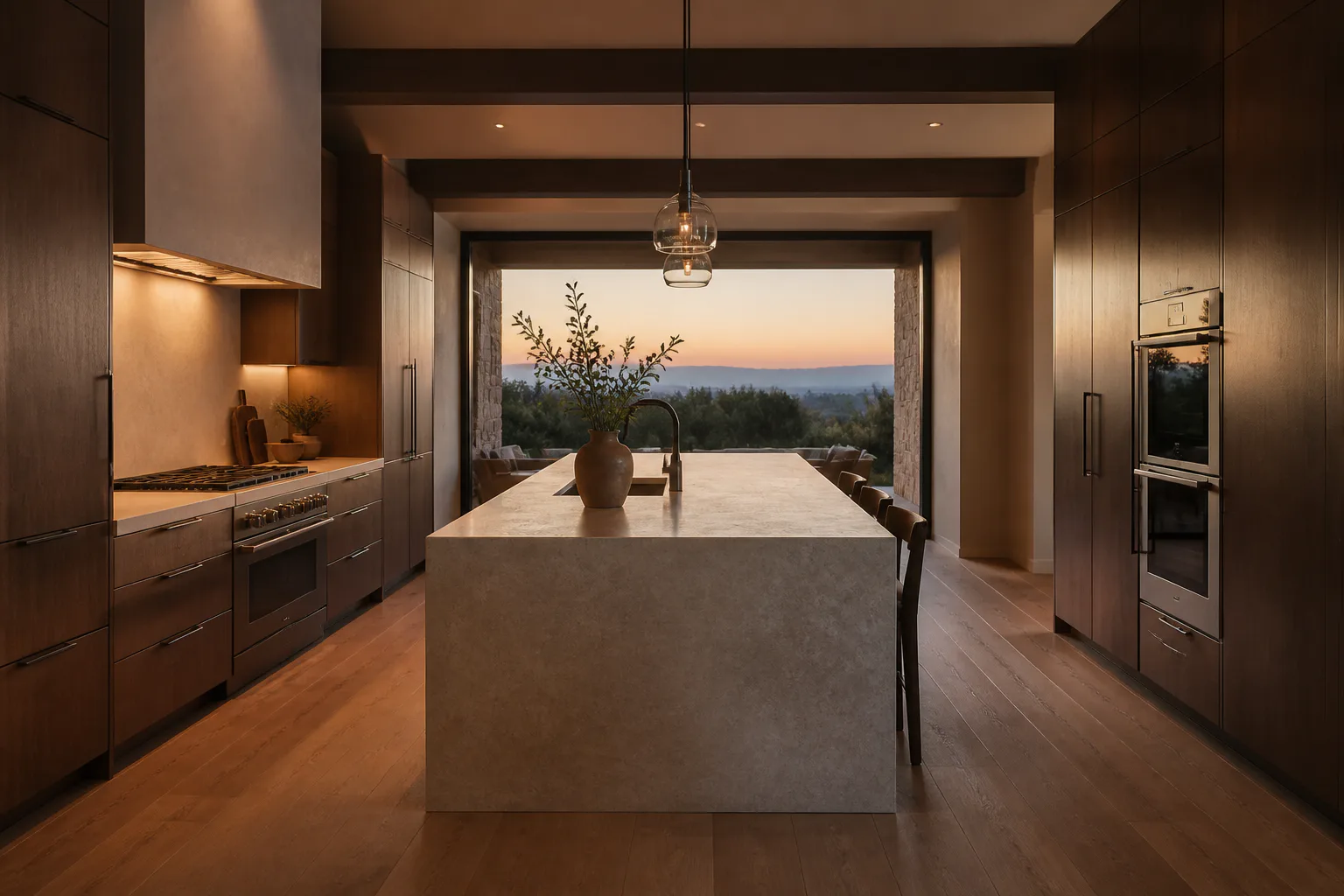 Cocina abierta con isla central y luz natural