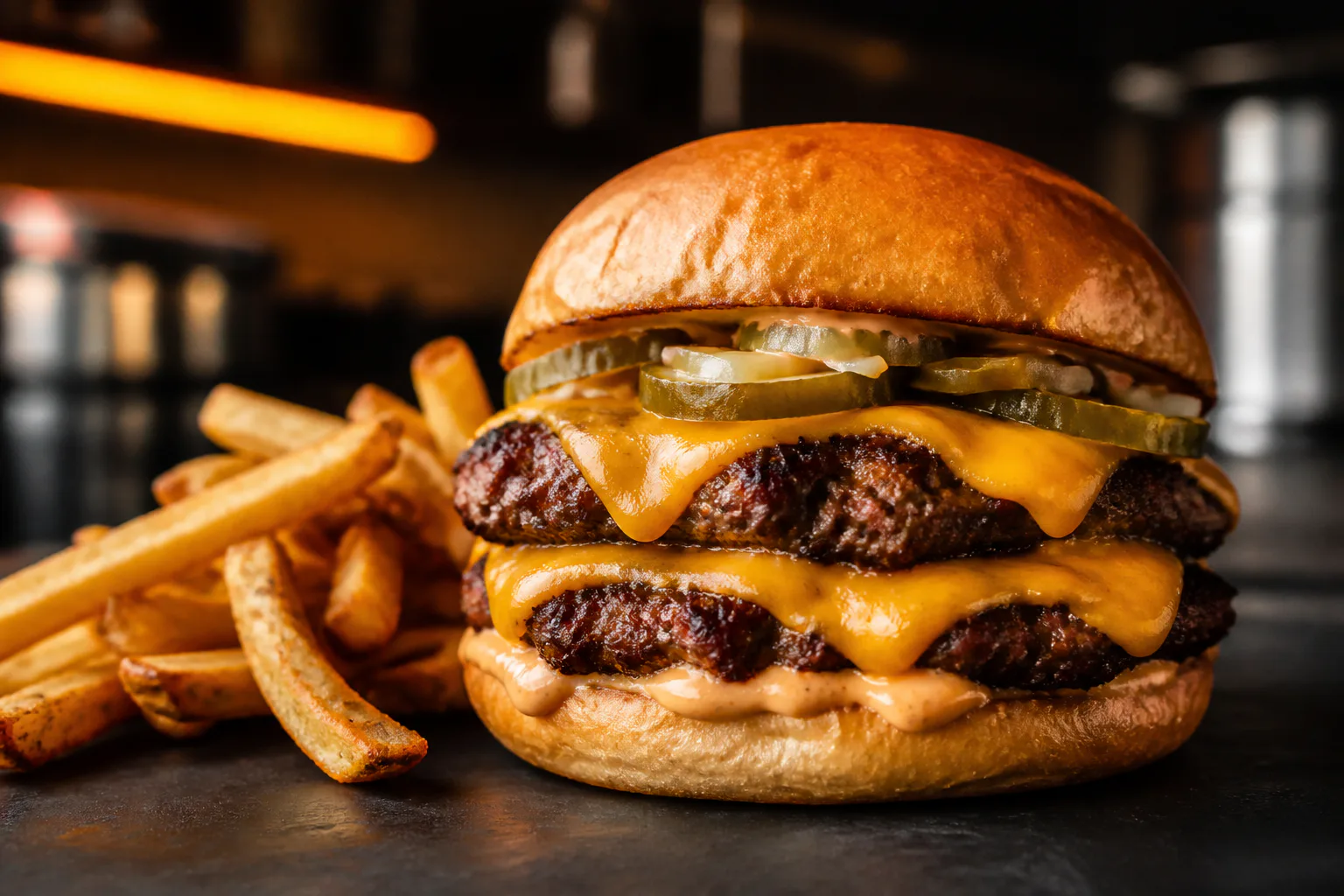 Hamburguesa smash con queso fundido y salsa de la casa