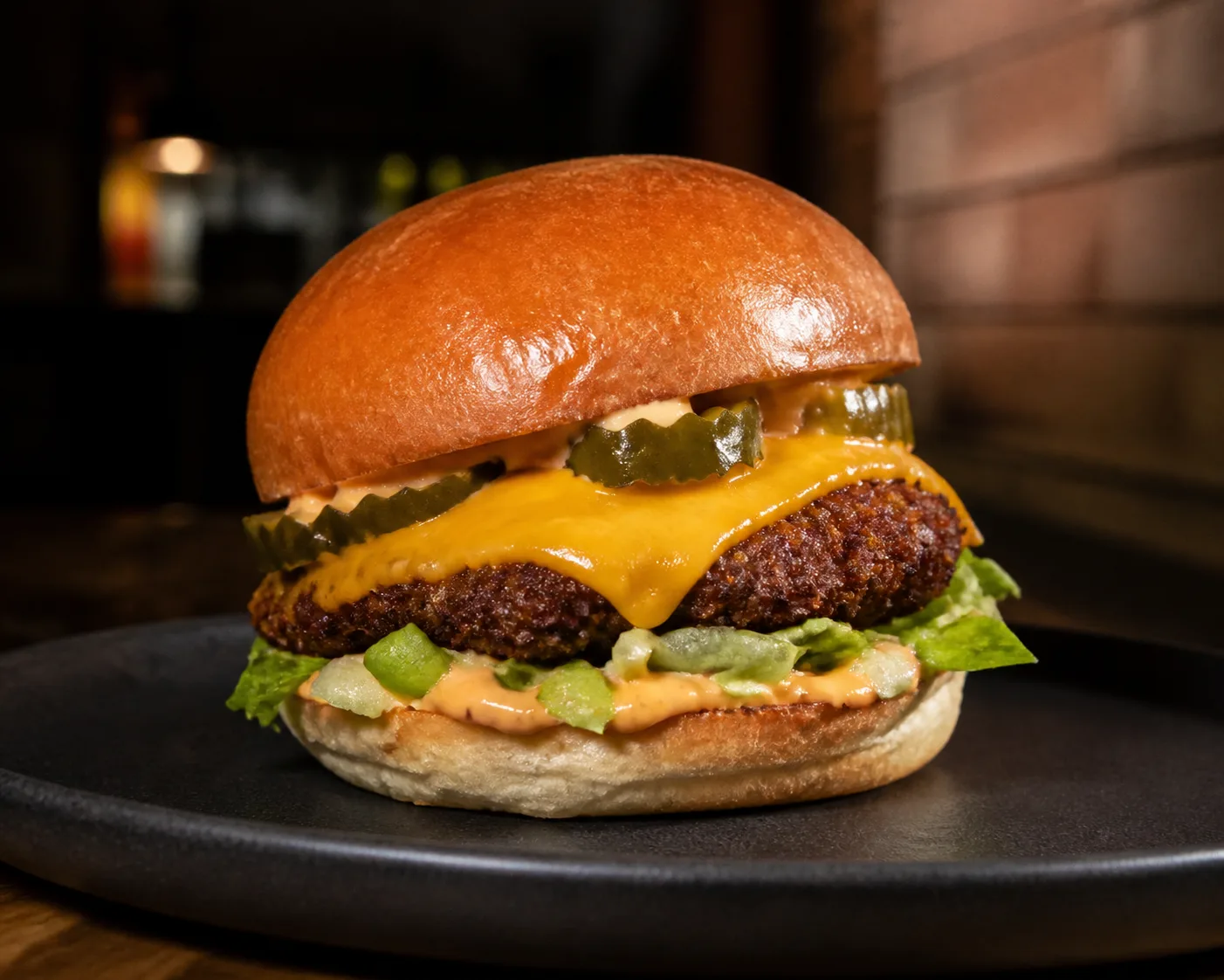 Smash vegetal con queso, pepinillo y salsa suave