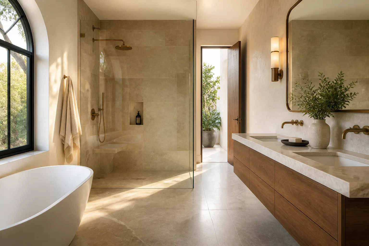 Baño principal con piedra cálida, nogal y detalles en bronce