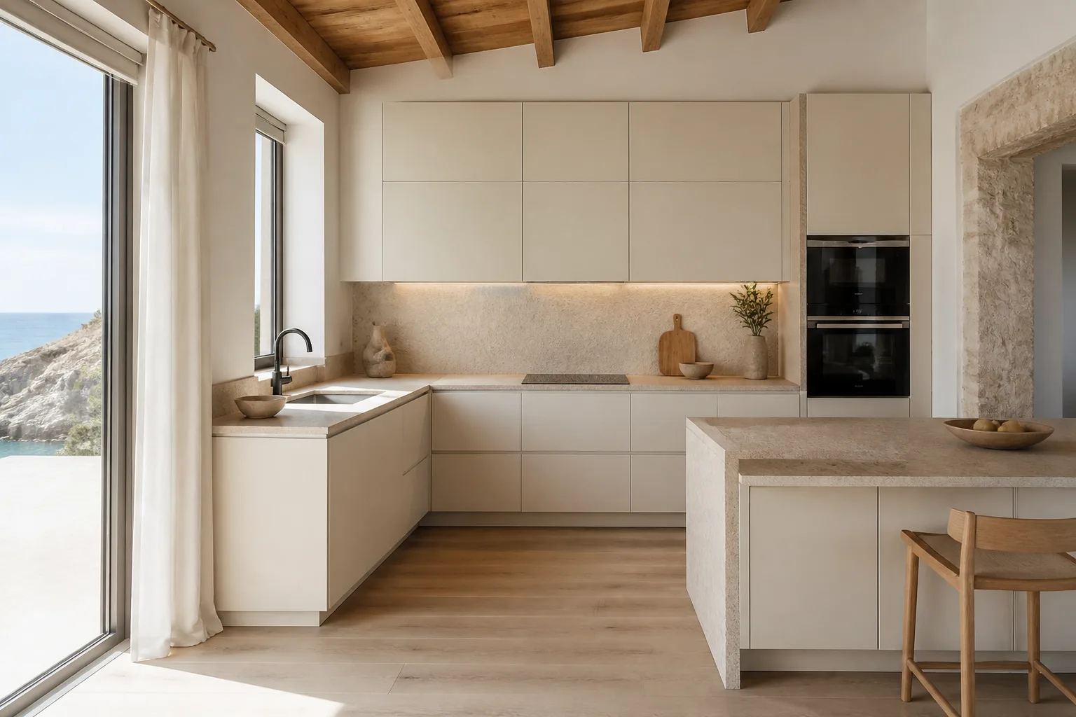Cocina costera luminosa en tonos cálidos y madera clara