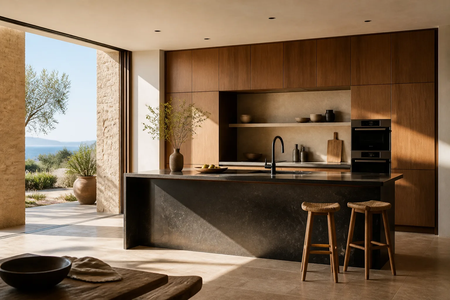 La misma cocina transformada con madera, piedra y una isla abierta