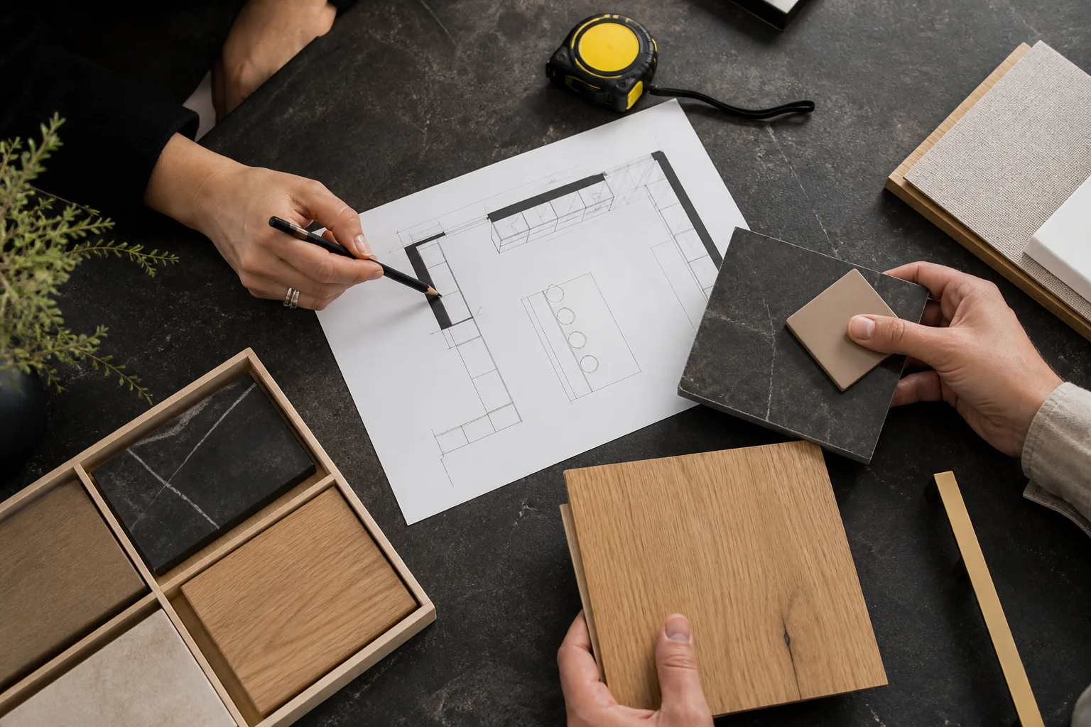 Mesa de proyecto con plano, muestras de madera y piedra