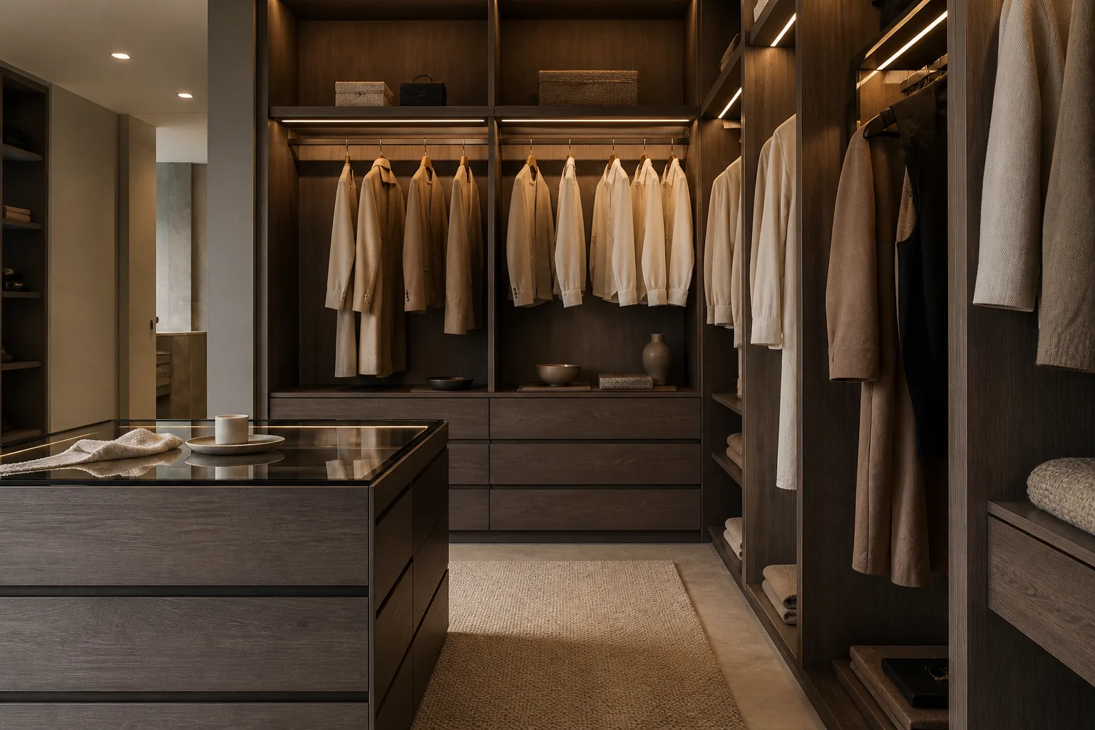 Vestidor a medida en madera oscura con iluminación integrada