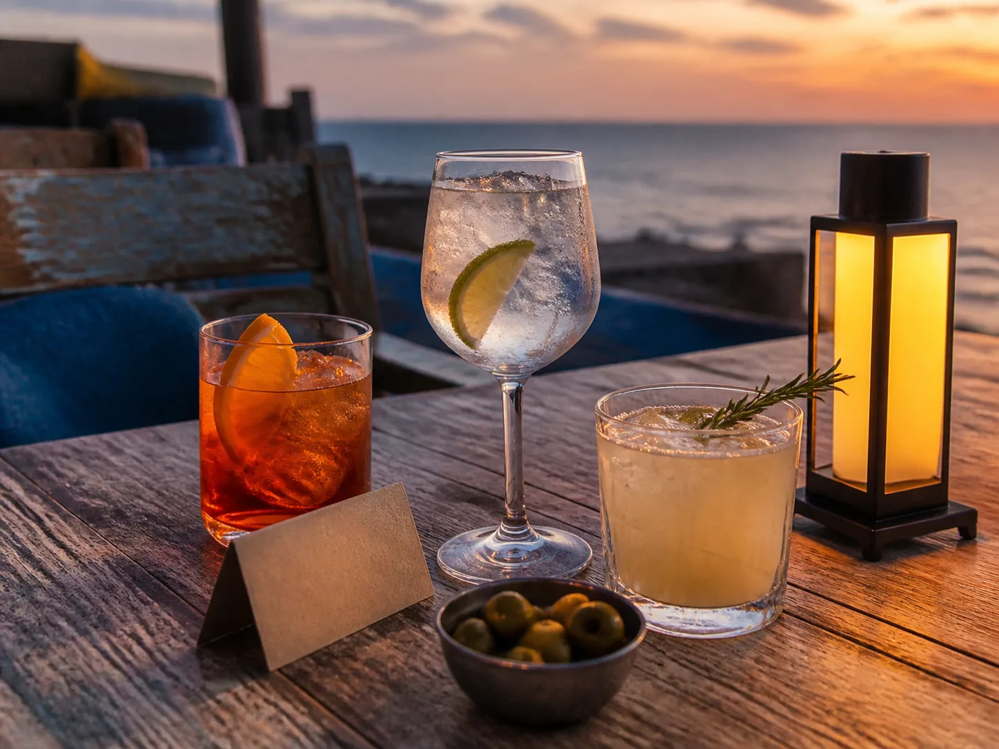 Cócteles sobre una mesa exterior con el Mediterráneo al atardecer