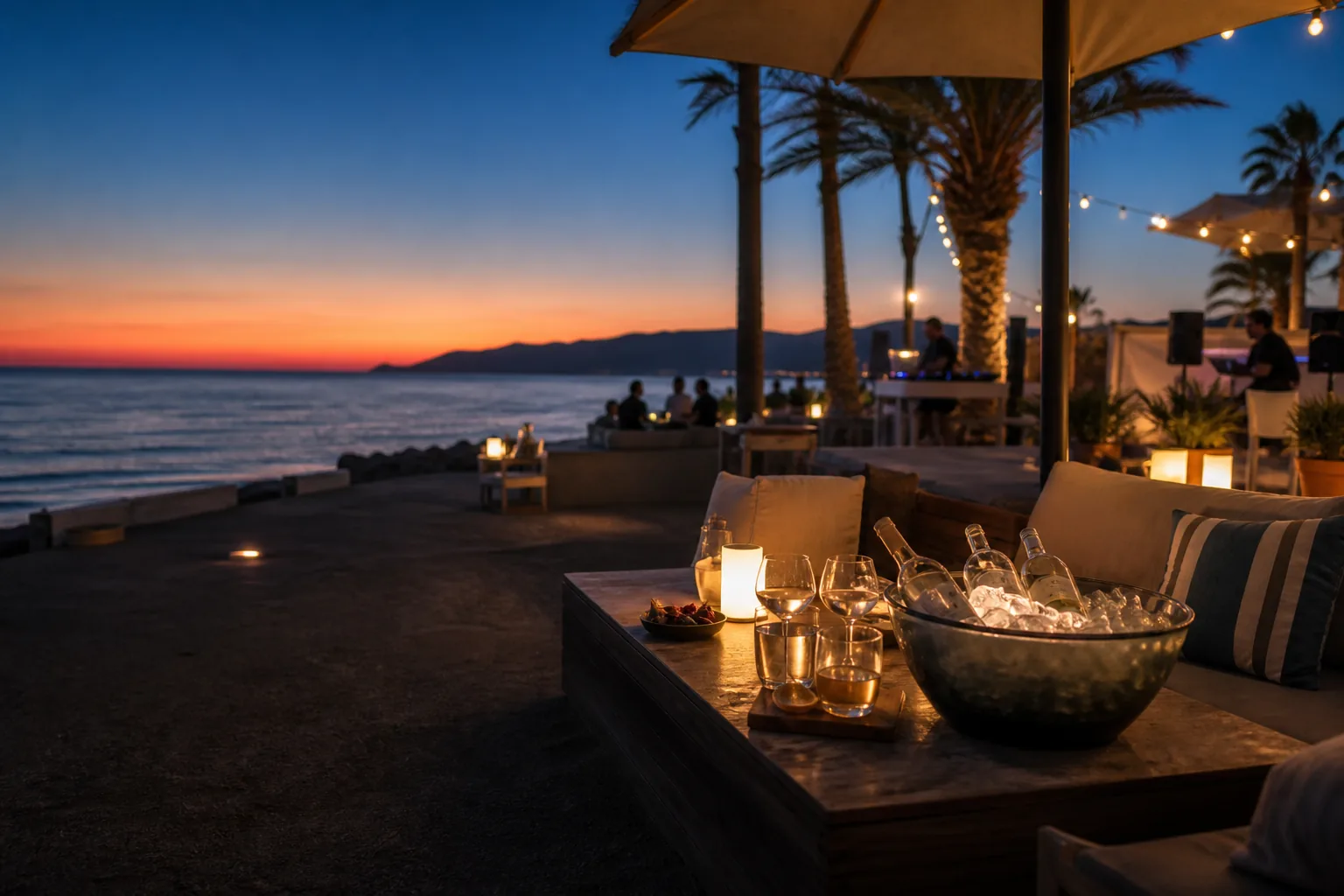 Propuesta visual de una terraza mediterránea frente al mar al atardecer