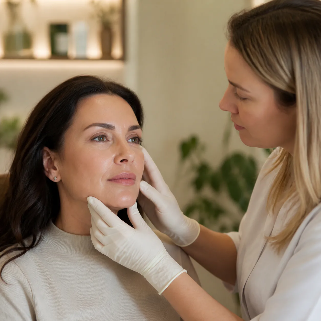 Profesional realizando una valoración facial a una mujer adulta
