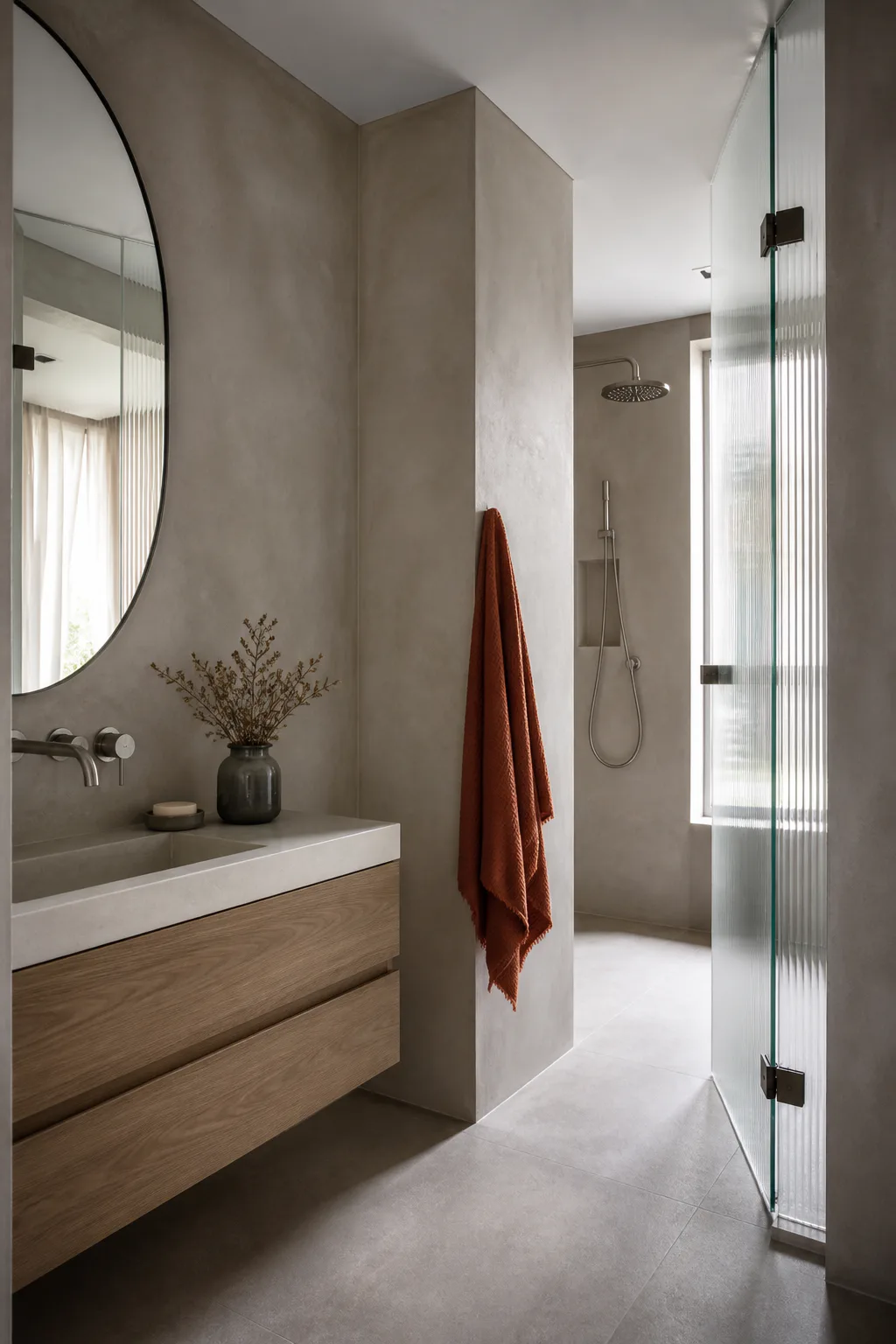 Baño principal con piedra natural y detalles en latón